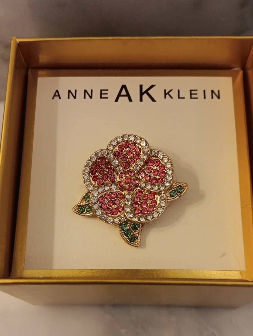 NIB Anne Klein Pink & Clear Rhinestones Rose Flower Brooch Pin Gold Tone